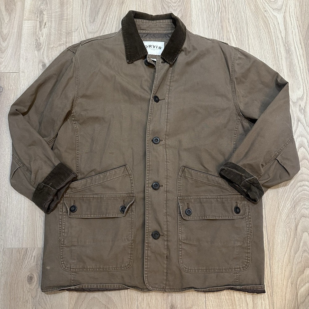 Orvis Jacket XL Corduroy Collar Barn Coat Mens Canvas Quilt Lined Coat Brown